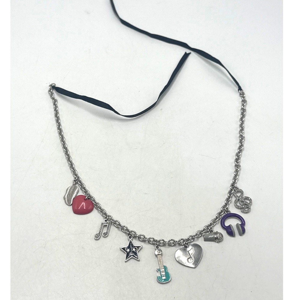 Silver Tone Music Theme Charm Necklace Guitar Headphones Heart Ribbon Tie Y2K